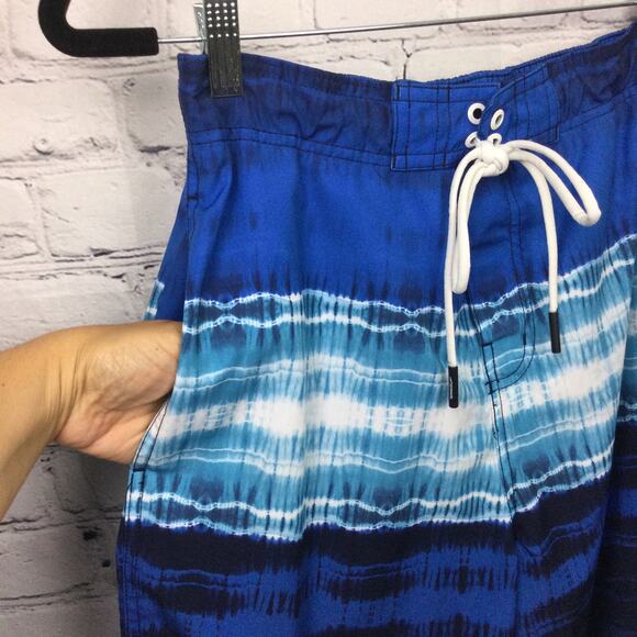 Speedo Blue Striped Hook and Loop Elastic Lined Pockets Swimming Trunks Men's M - Picture 4 of 12